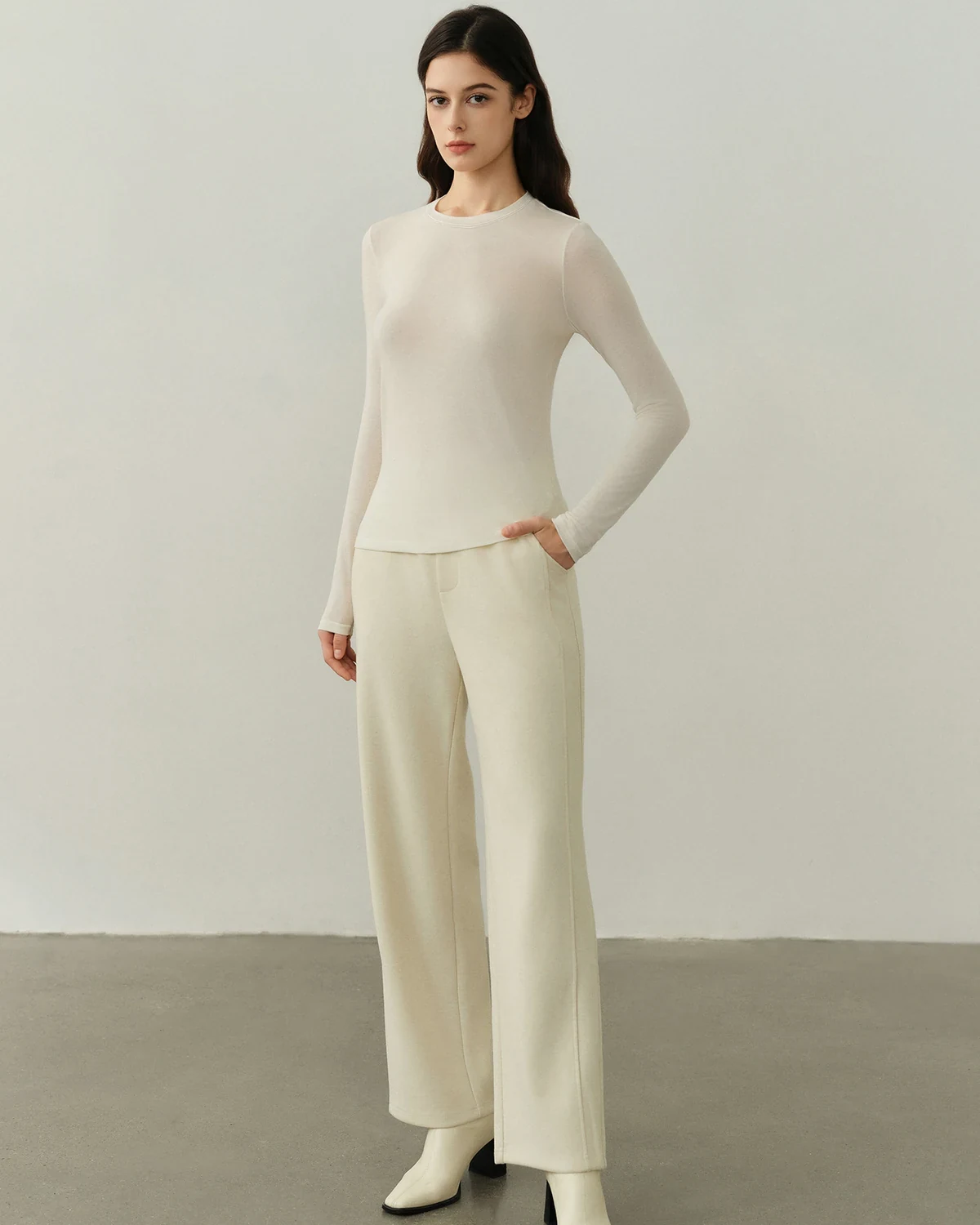Lightweight, high-stretch goat cashmere thermal base layer , with a, styled view