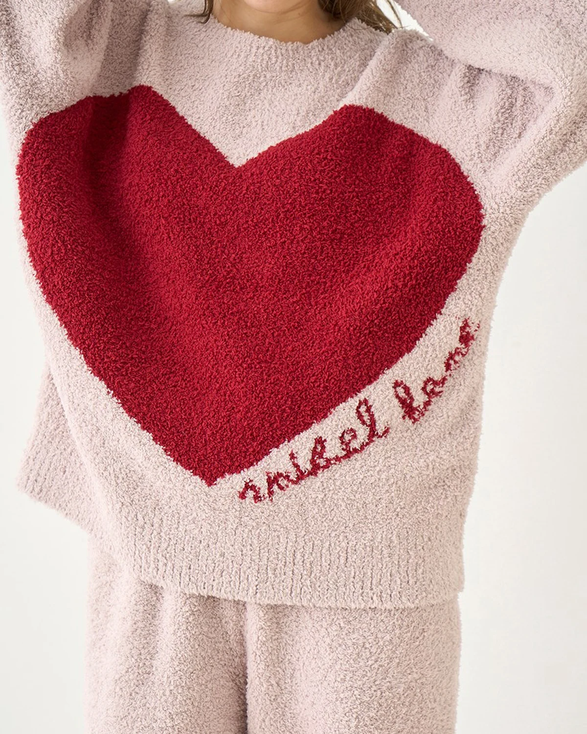 Soft plush half-fleece thermal loungewear set , sweet heart design, styled view