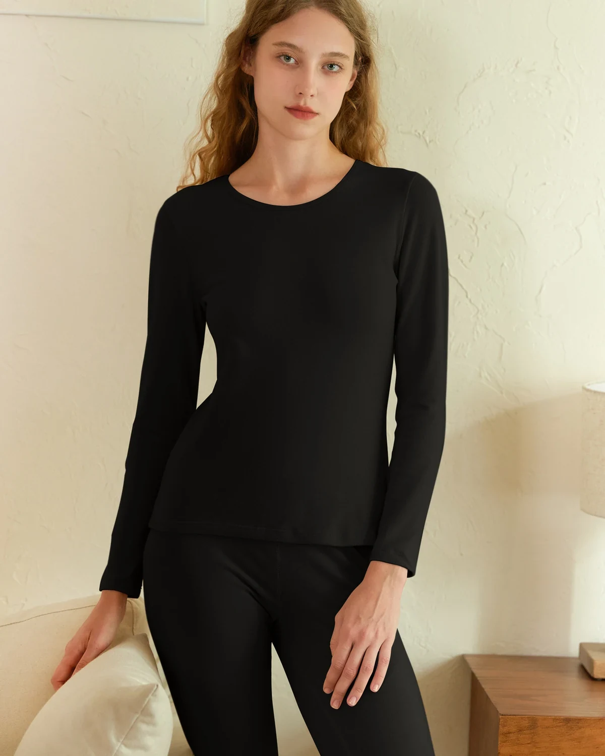 Cotton lightweight fleece round-neck thermal underwear set for couples, styled view