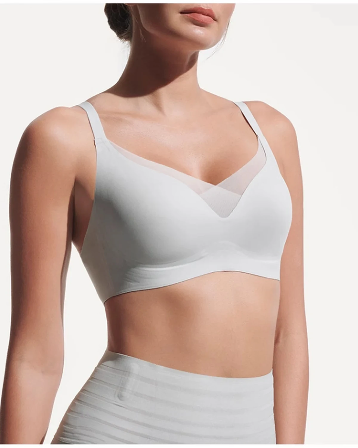 Deep V Bunny-Ear Thin-Cup Wireless Gather Bra , Bare-Feel Soft Stretch, styled view