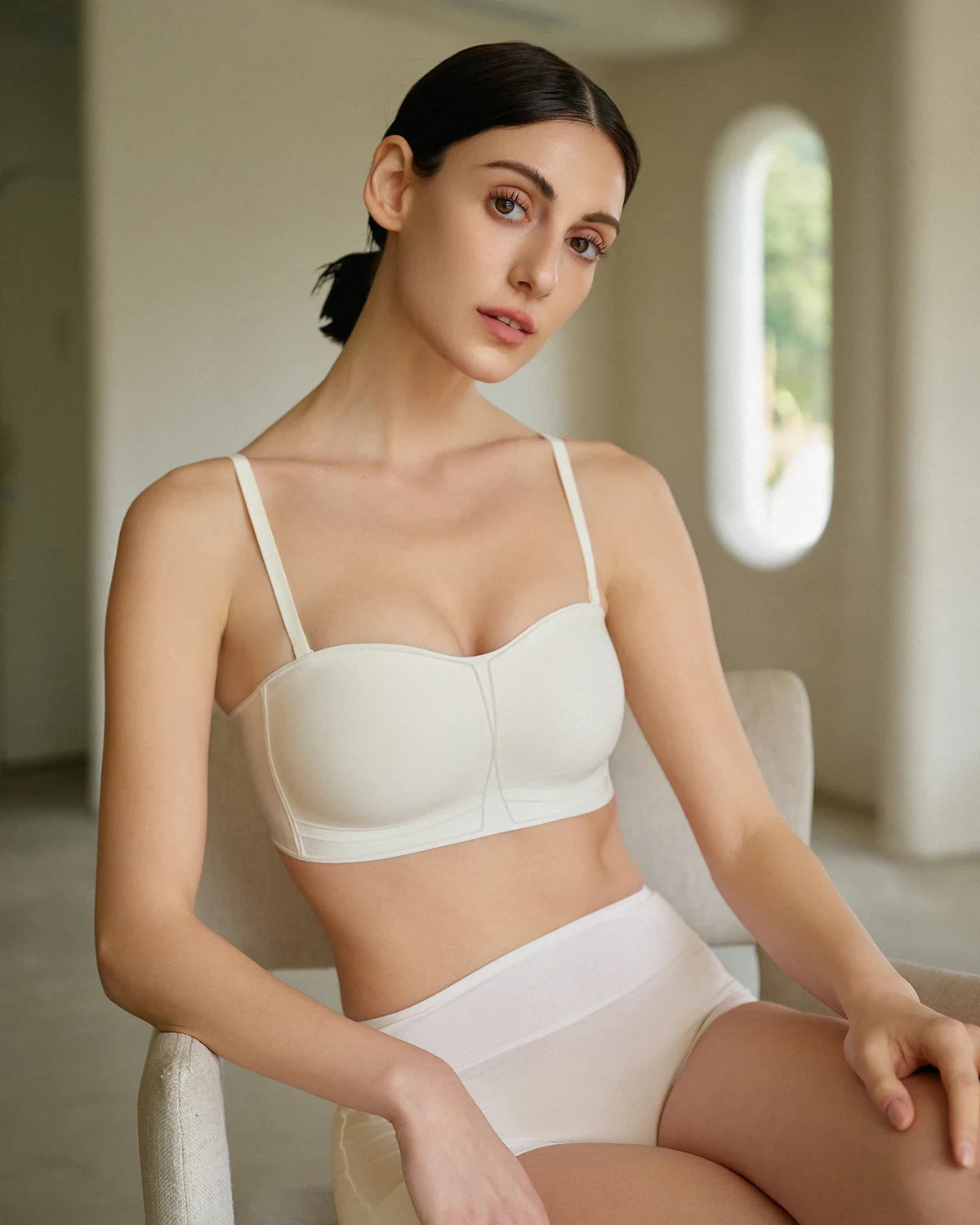 Flocked soft-boned side-smoothing shaping anti-slip push-up bandeau bra, styled view