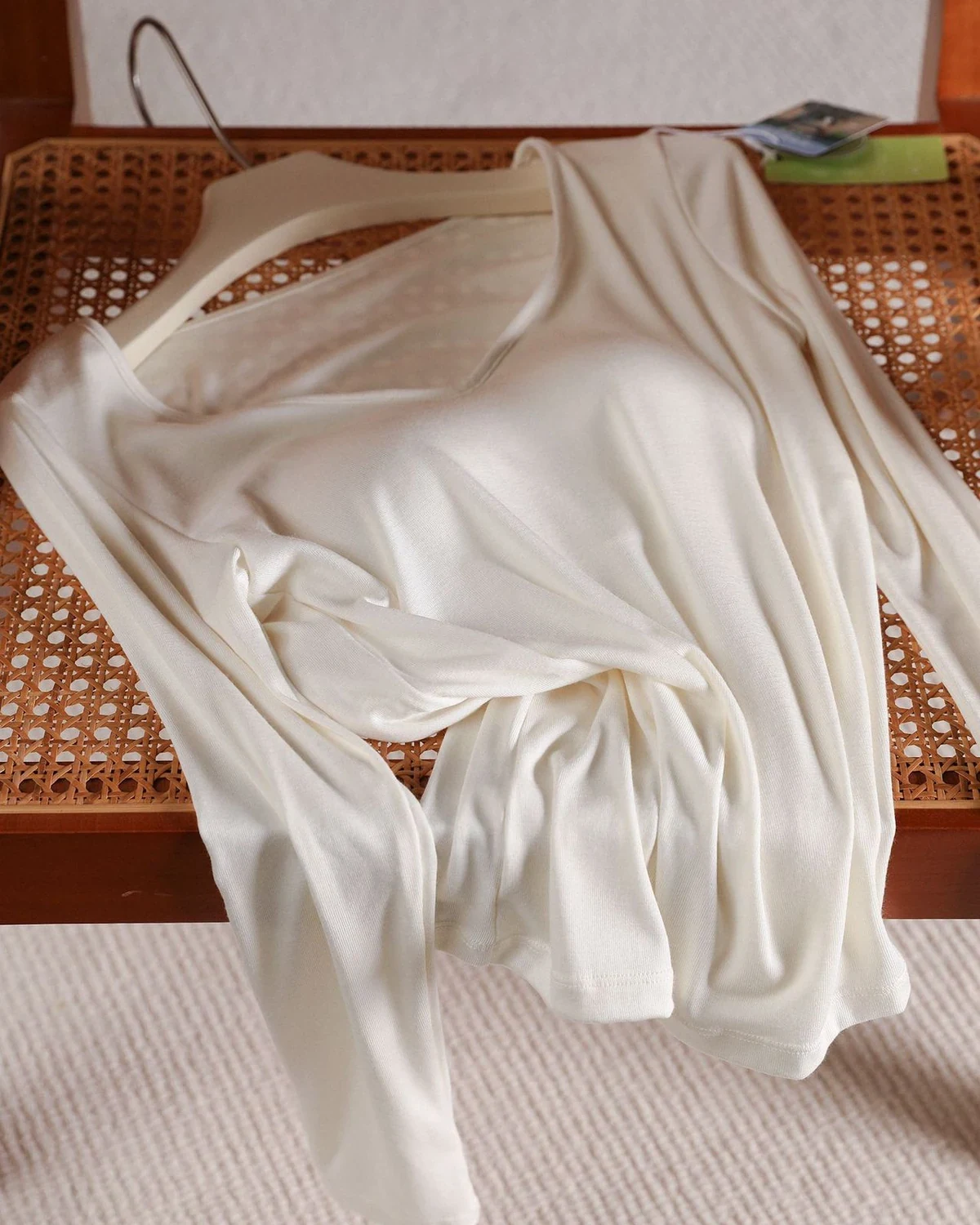 Wool-acetate-acrylic blend thermal V-neck underwear with chest pads, styled view