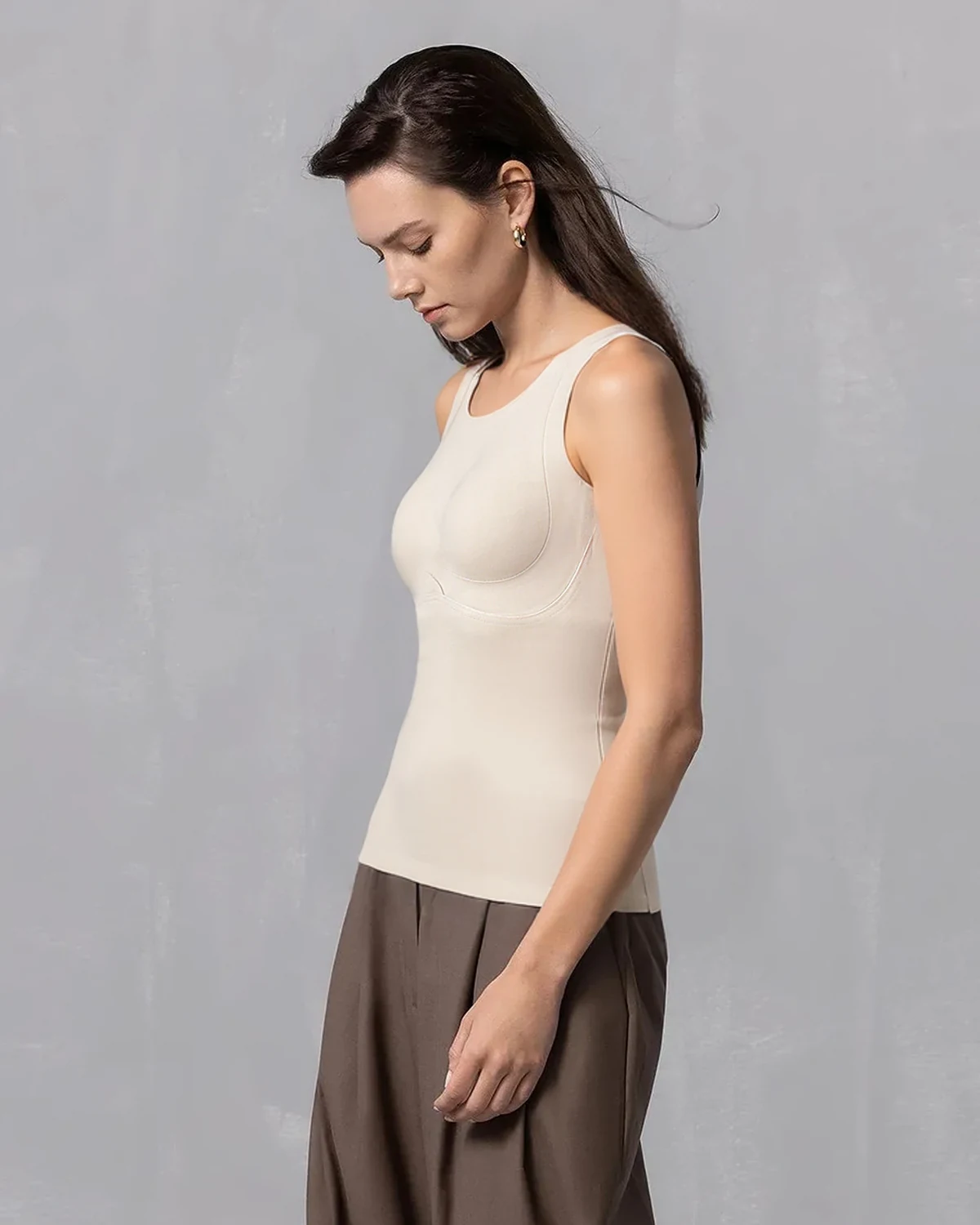 No-bra-needed fixed-cup double-sided brushed fleece camisole with bra, styled view