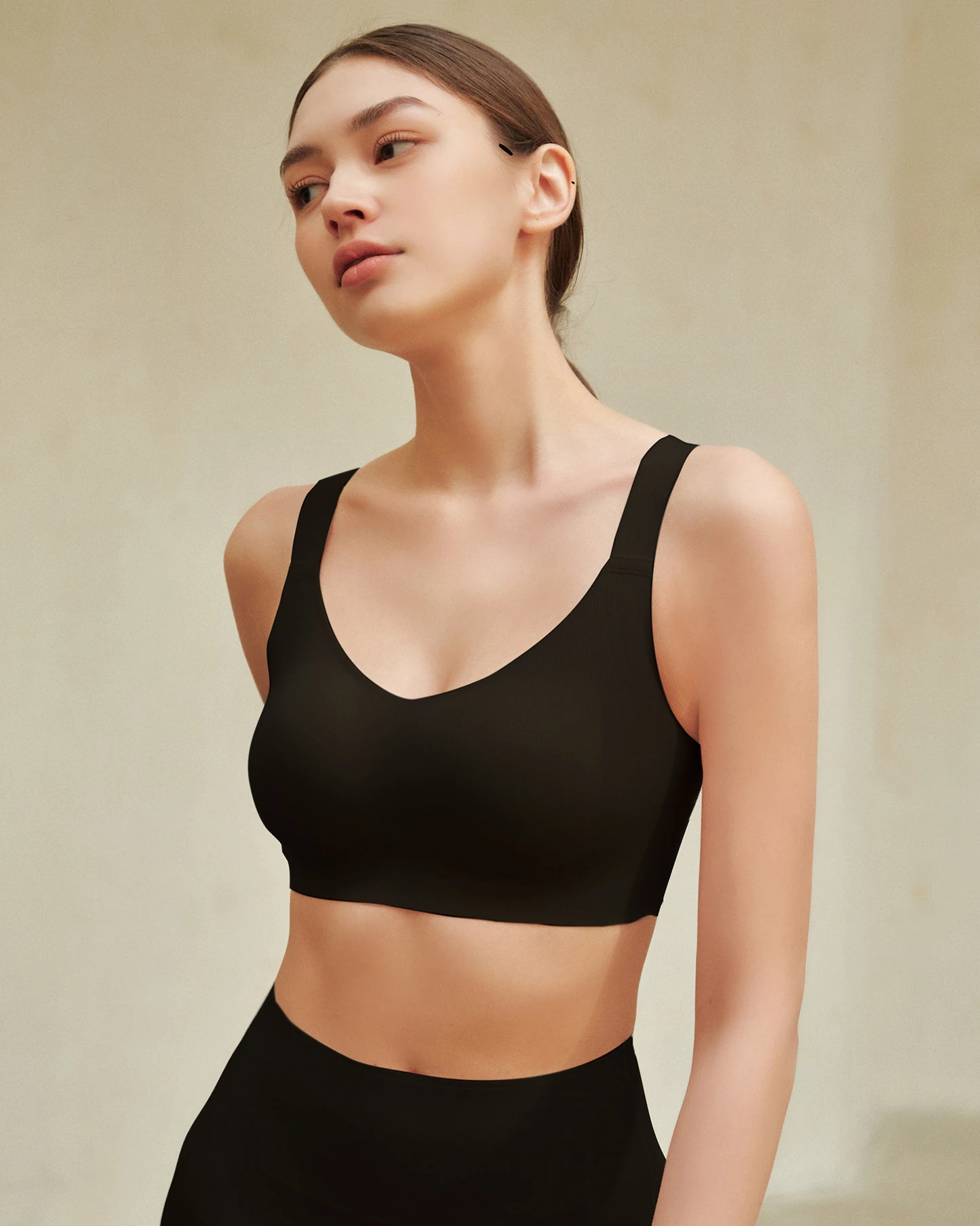 3D wing soft-support silk-modal blend wireless bra, stretchy wide-strap, styled view