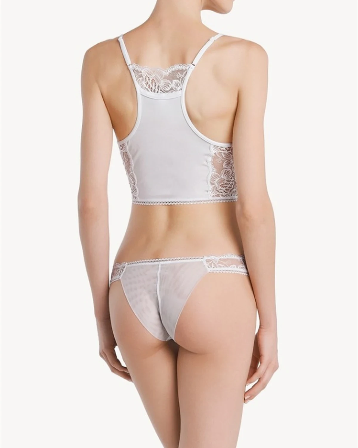 French elevated lace short camisole bra , lightweight detachable-cup, styled view