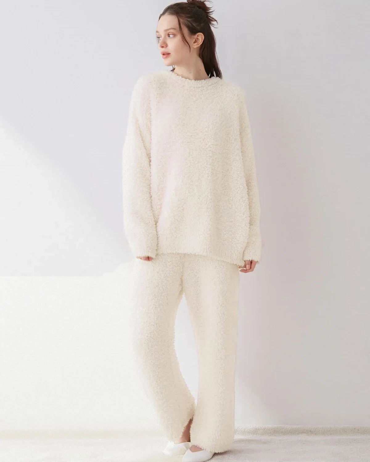 Couple Soft Plush Half-Fleece Thermal Long-Sleeve and Pants Lounge Set, styled view