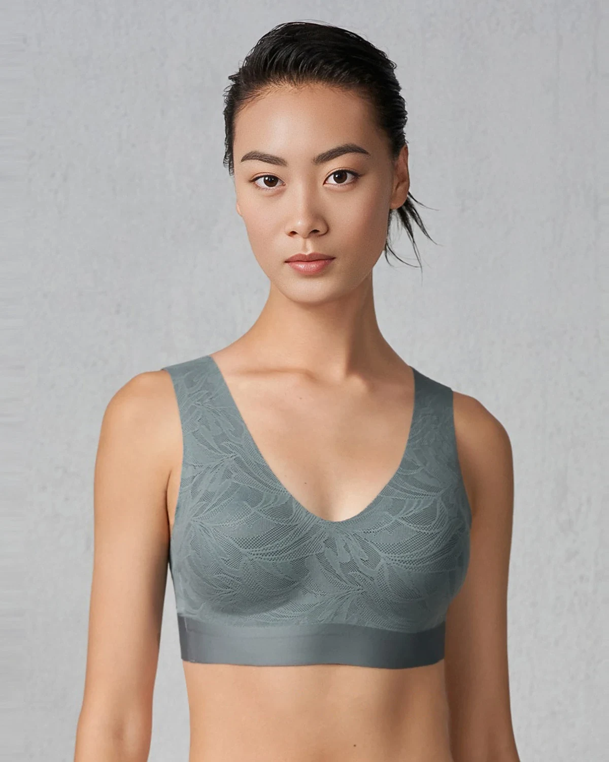 V-neck scroll-leaf lace supportive U-back removable-cup bra, comfortable, styled view