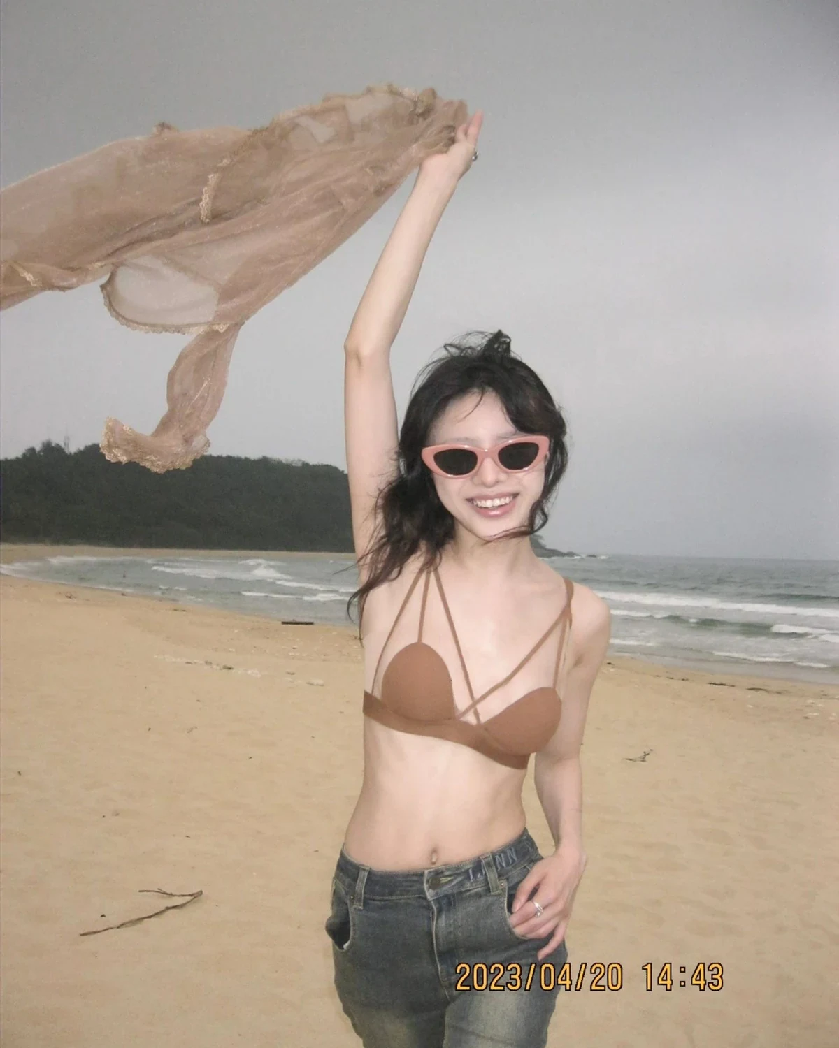 Sheer Mesh Little-Ear Deep V Wireless Seamless women's Thin-Cup Bra, styled view