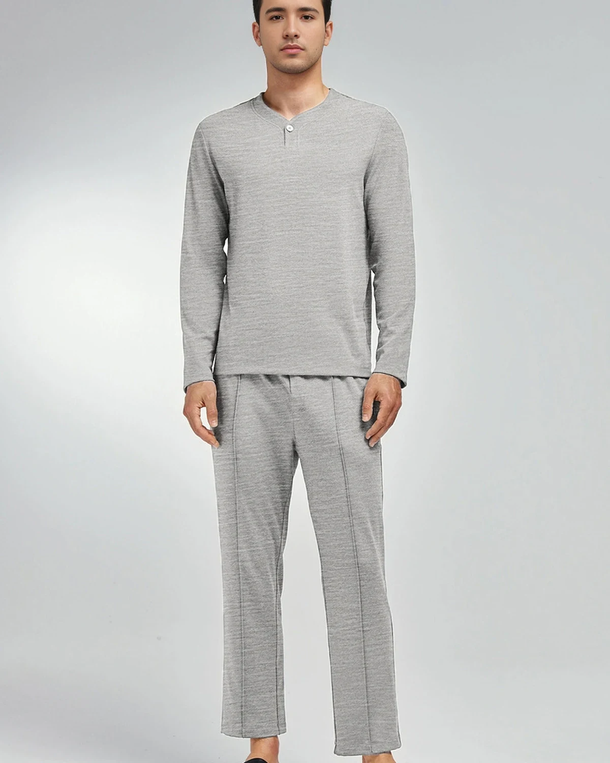 Modal Y-Neck Long-Sleeve and Pants Lounge Set for Men, Minimal Casual, styled view