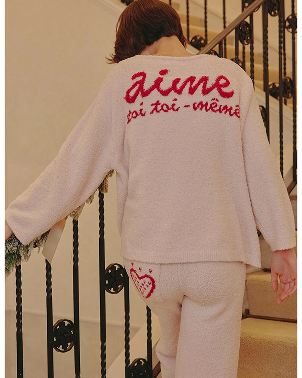 Soft fluffy half-fleece sweet strawberry pajama pants set , styled view