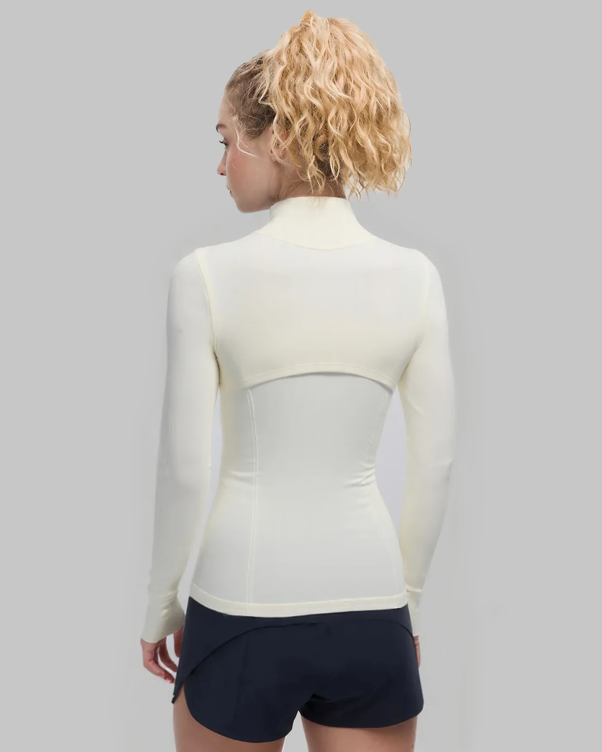 Slim Fit Waist-Cinching Stand Collar Yoga Wear, Long Sleeve Sports, styled view